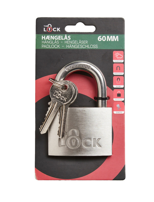 Hængelås m/to nøgler 60 mm rustfrit stål